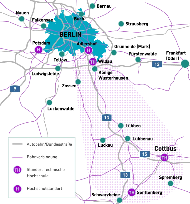 Karte vergrößern: Gebiet des Innovationskorridors Berlin — Lausitz